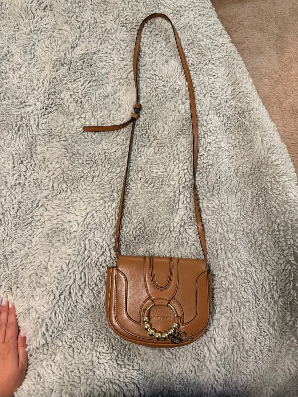 See By Chloe Tan Leather Small Crossbody with Gold Ring Detail